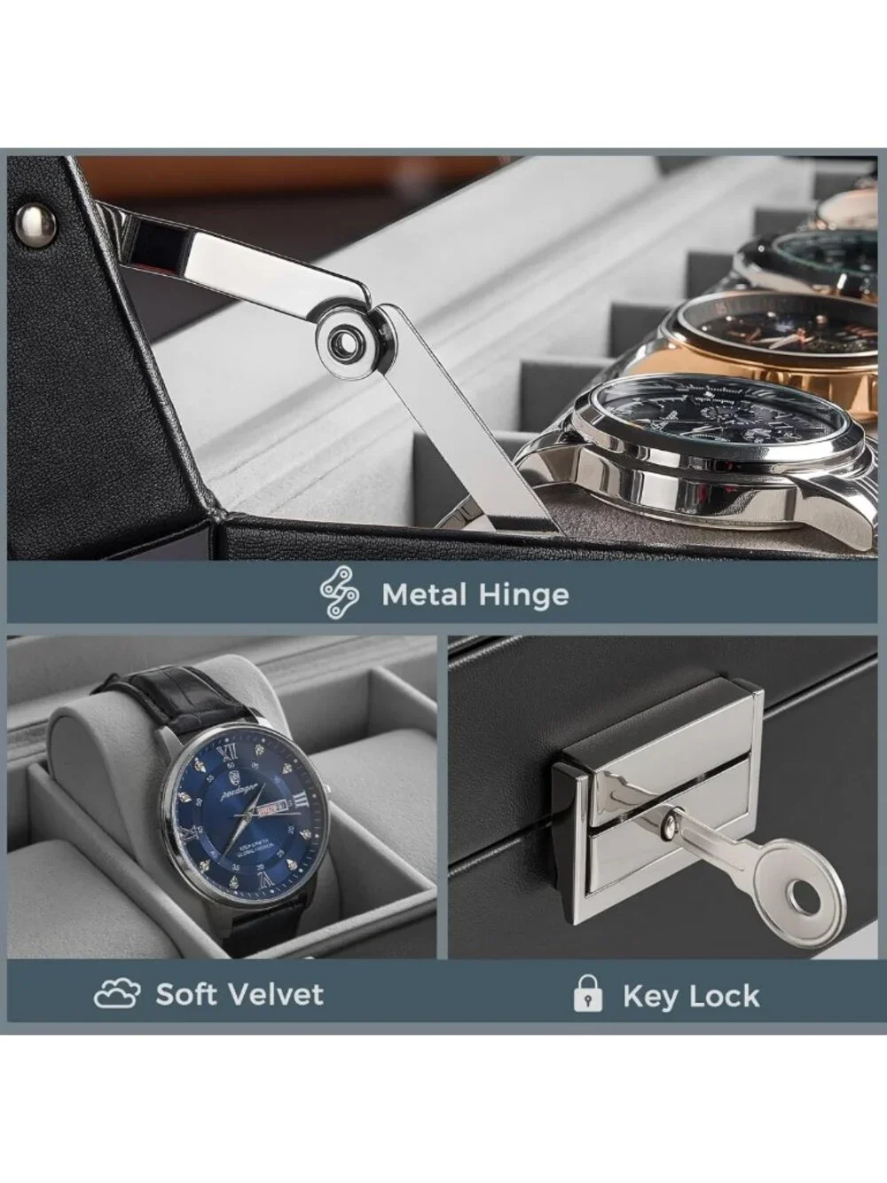 Stylish 6-Slot Watch Case for Men | PU Leather Organizer with Lockable Glass Lid